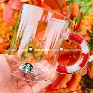 ❤️NEW🤍Starbucks 2021 Holiday Candy Cane Glitter Confetti Handle Clear Glass Mug